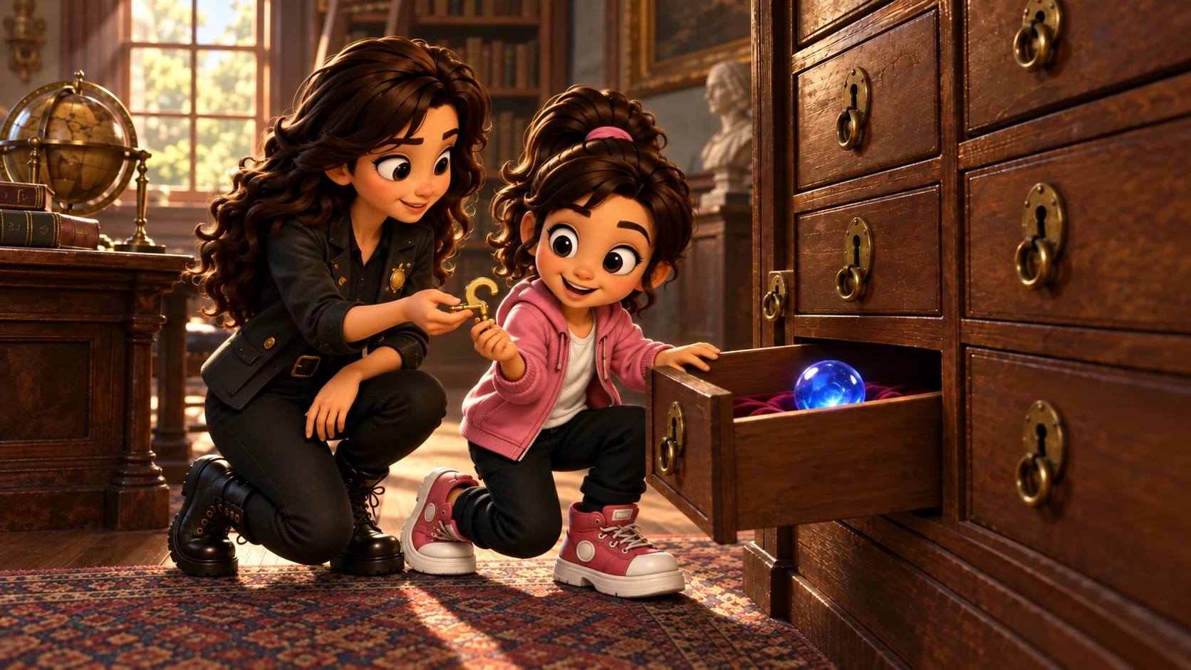 Matching-key study: Ness hands Tya a shaped key as Tya opens the one drawer holding the matched object.