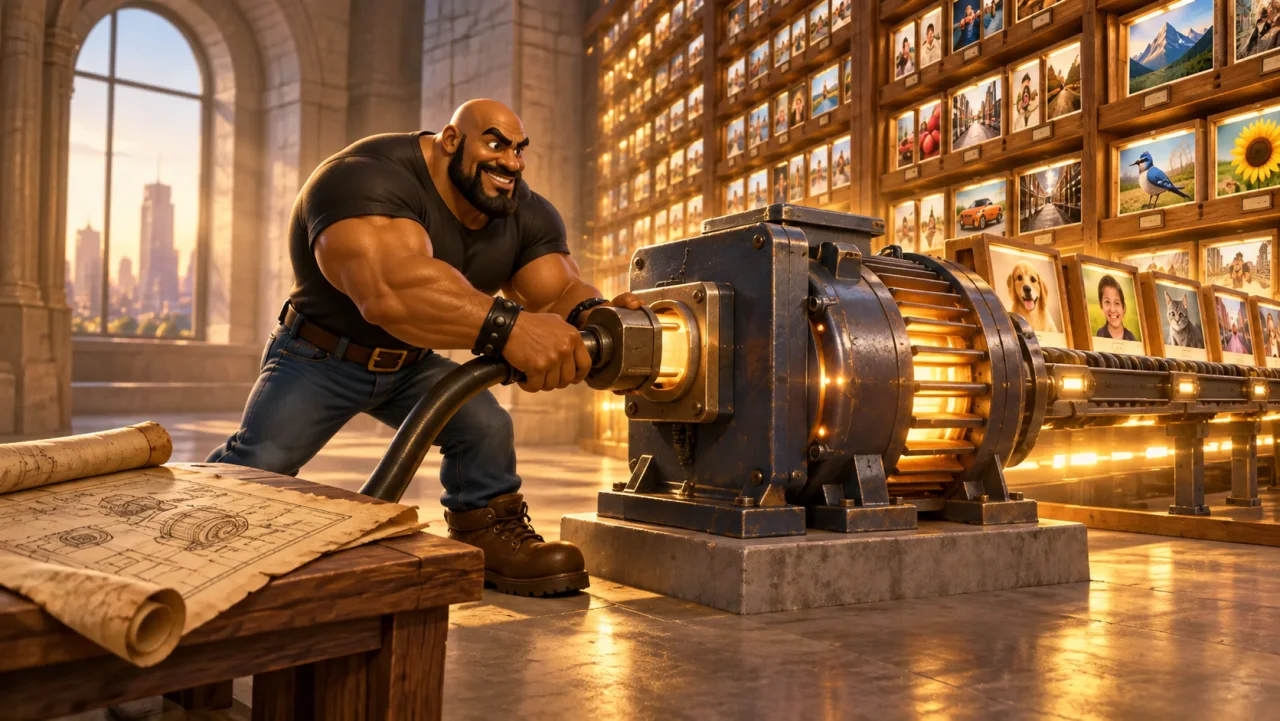 bruno connects an old blueprint to a vast picture shelf and a powerful motor.