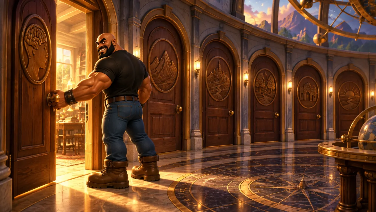 bruno opens the first of six doors linked by one continuous floor route.