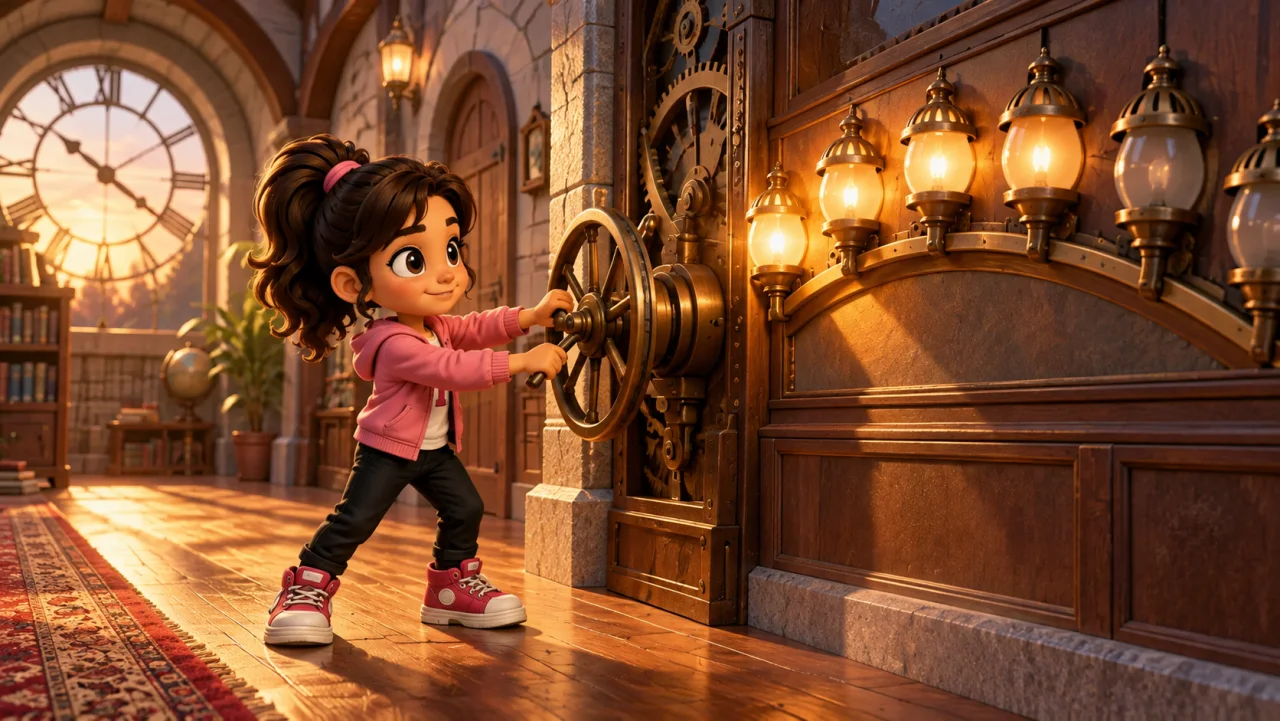 tya turns a wheel without moving across the floor while lamps fire in sequence.