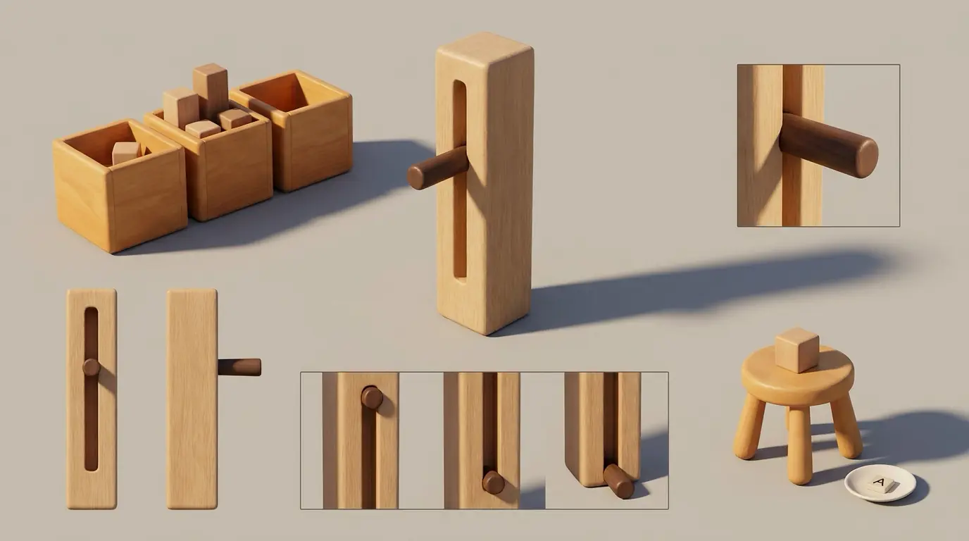 A tall wooden post stands upright with a narrow vertical slot cut down its face, and a single dark peg is fixed partway up the slot with empty track above and below it. The post rises beside a run of storage bins.